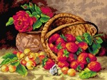Kanwa z nadrukiem Eloise Harriet Stannard - Kosz z truskawek, czereśnie, motylek oraz czerwone róże w wazonie na kamiennym gzymsie
